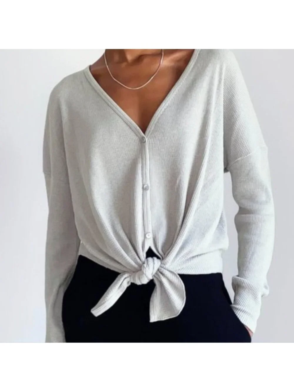 Aritzia Babaton vneck front tie button up long sleeve waffle top dusty rose